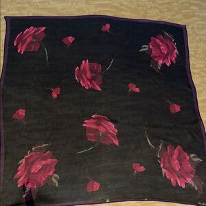 Ellen Tracy Black W/ Red Roses Floral 100% Silk Scarf